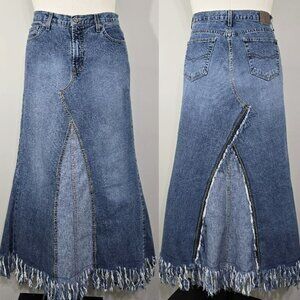 Vintage Canyon River Blues Patchwork Denim Jean Maxi Skirt 11 Womens Distressed